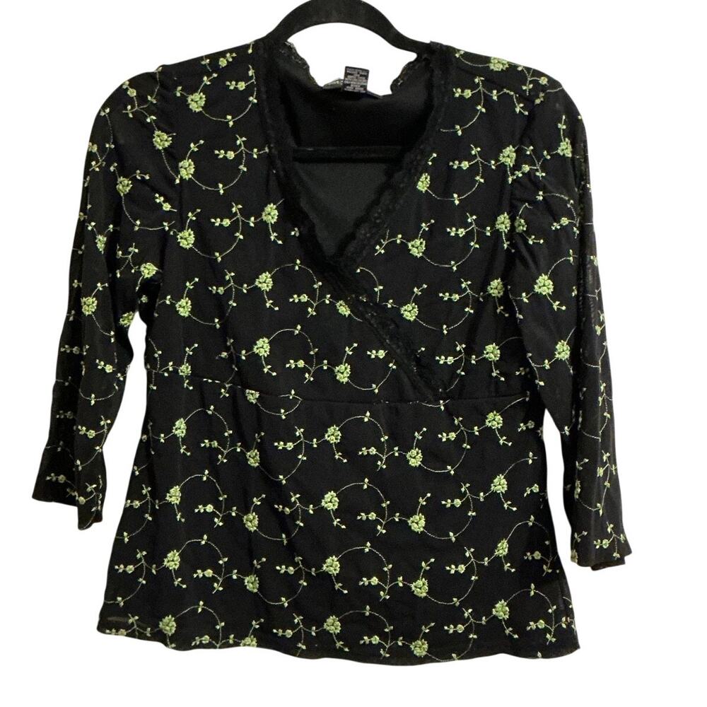 Style & Co Petite Large Black Green Floral Lace Trim Surplice Top 3/4 Sleeve